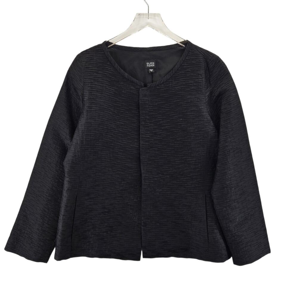 Eileen Fisher Black 100% Silk Jacket Womens Medium Crinkle Texture Lagenlook